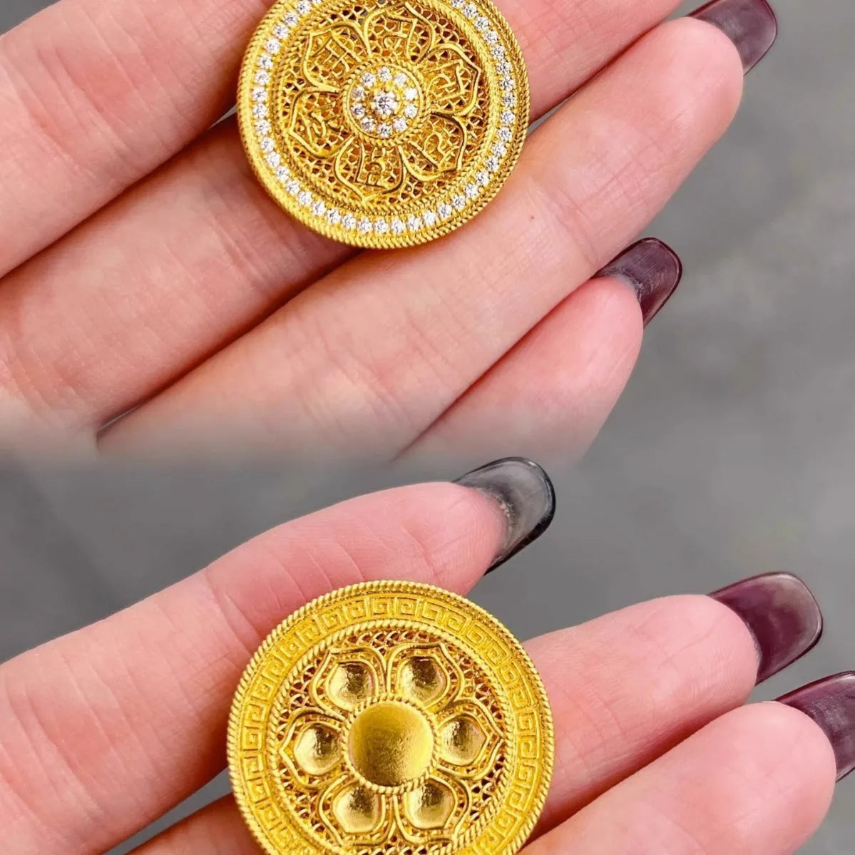 Gold plated eight-treasure compass watch chain with moissanite inlay on a black leather strap