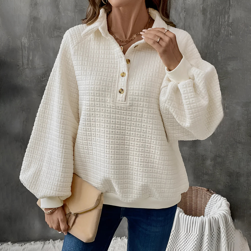 Women's thick textured polo collar sweater in milky white solid colour