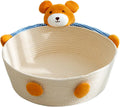 Woven cotton rope basket serving as a cat bed and scratcher in a natural colour.