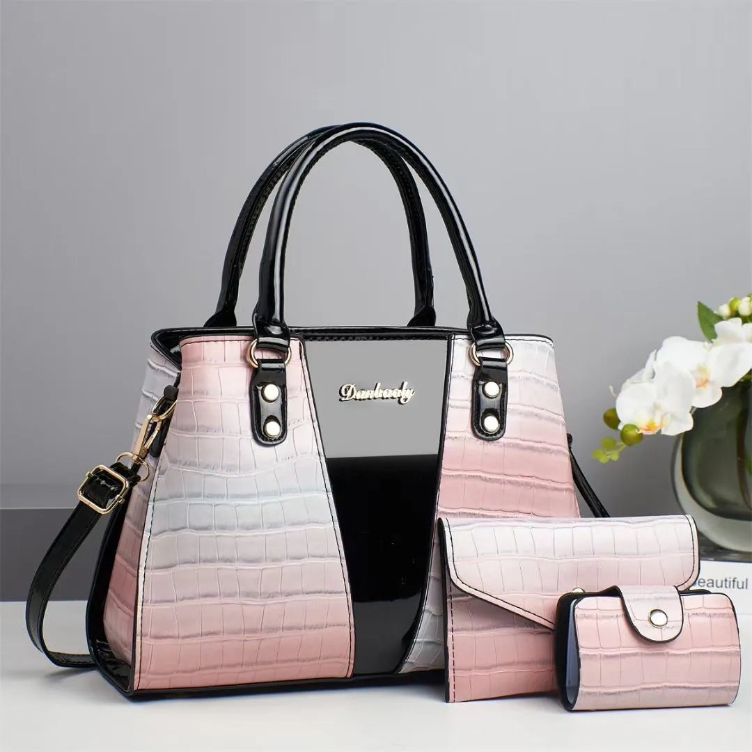Women's crocodile stitch three-piece shoulder bag set in PU leather showing main bag and two smaller bags