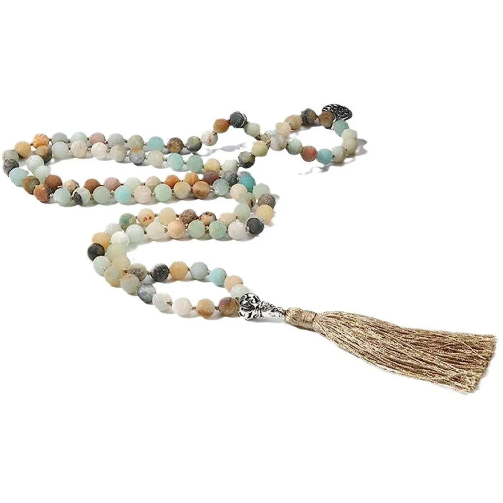 Handmade knotted natural stone bead necklace with 8mm beads in one of 12 colour options.