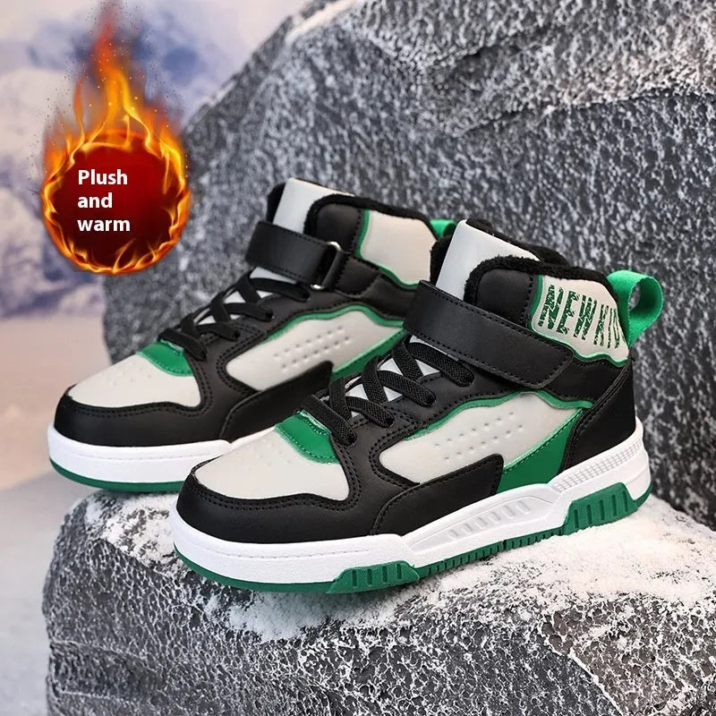 Casual leather board shoes high-top velvet thermal with Velcro fastening in Black and Green colour option