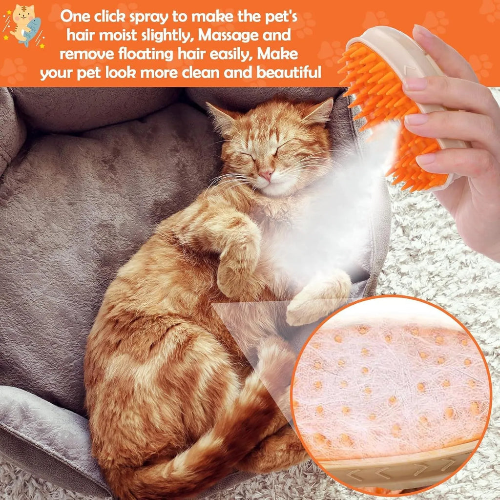Yellow 4-in-1 cat steam brush with ringworm detector, vibration massage and USB charging