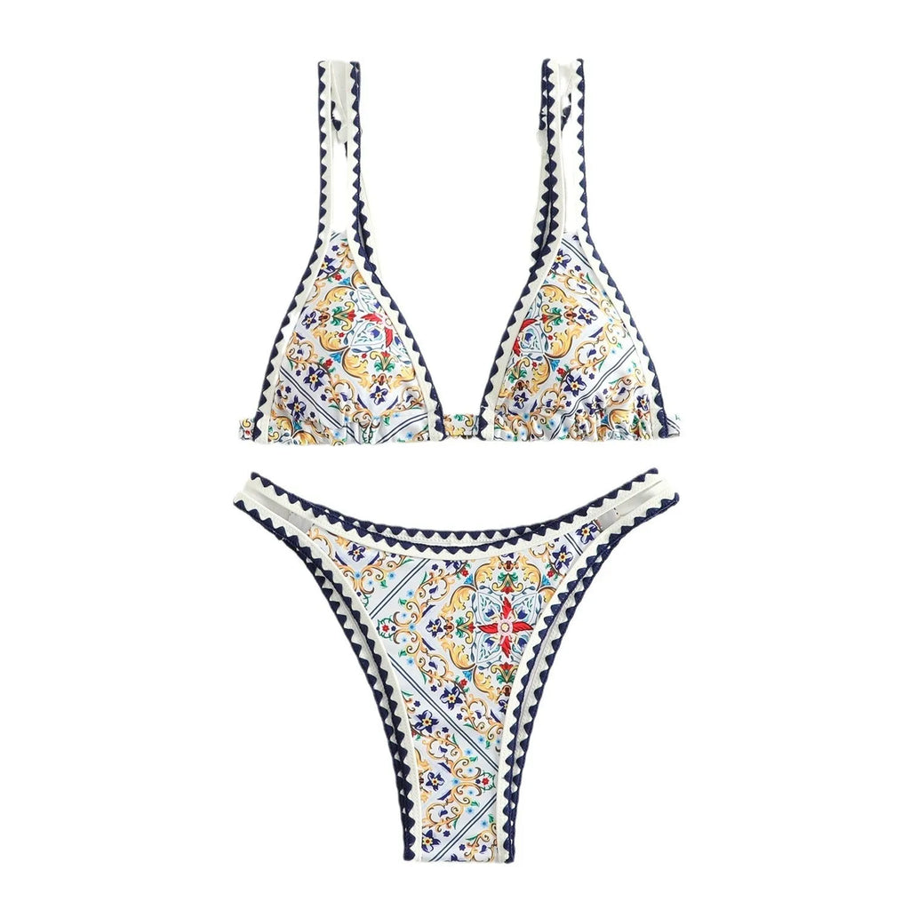 Women's printed split bikini swimsuit floral pattern quick-dry backless briefs for swimming wading
