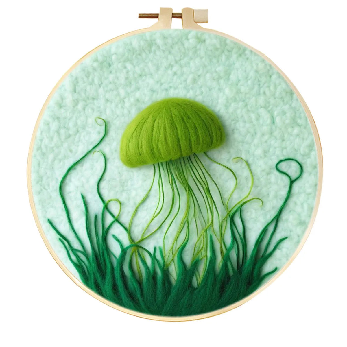 Round linen embroidery kit with wool felt pieces for 3D flowers and leaves, includes a free frame.