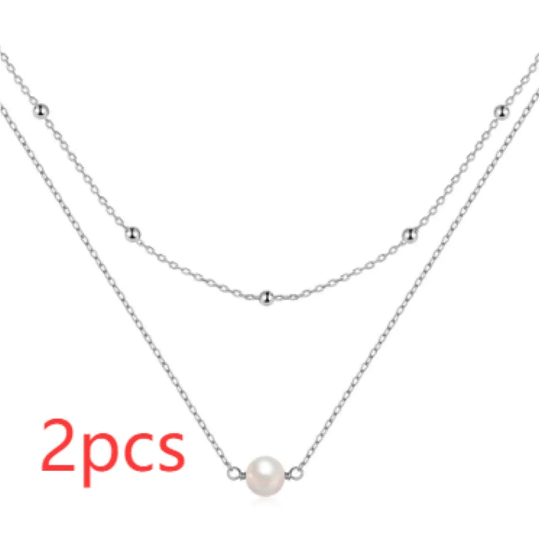 S925 sterling silver women's double layer pearl necklace with ball bead chain in gold colour