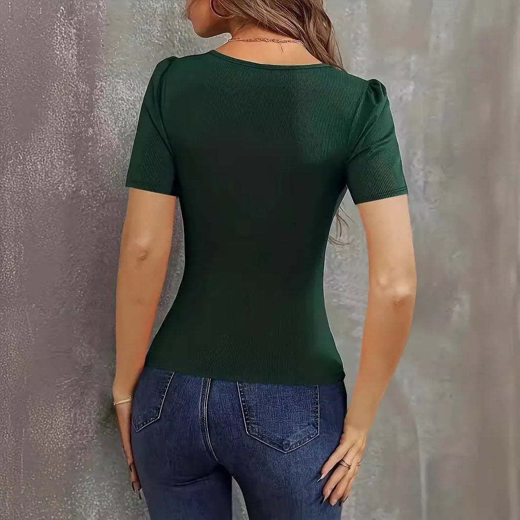 Women's wine red slim fit knitted short sleeve top with low V-neck collar