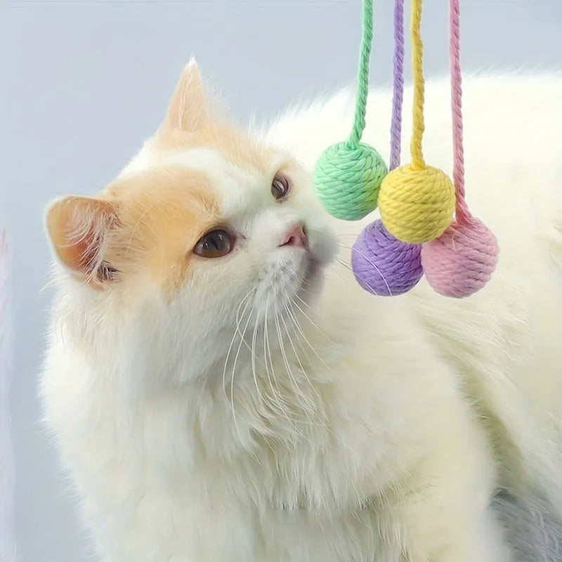 Cat toy ball with rope and bell in green, pink, purple, or yellow colour, small 3cm or medium 6cm size