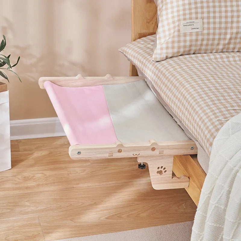 Wooden frame cat hammock hanging bed for balcony or window in one of seven available styles.