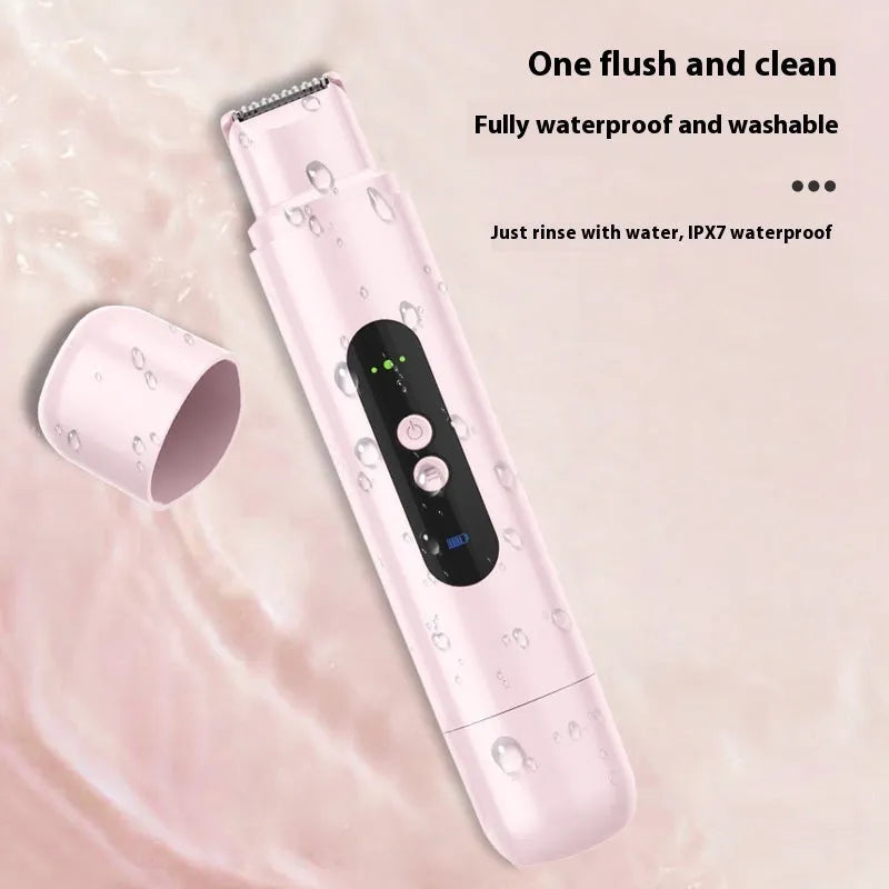 Pink and white electric body hair trimmer with USB charging cable on white background