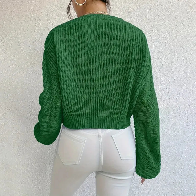 Women's solid colour long sleeve loose pullover in black, pink, green, blue, or red.