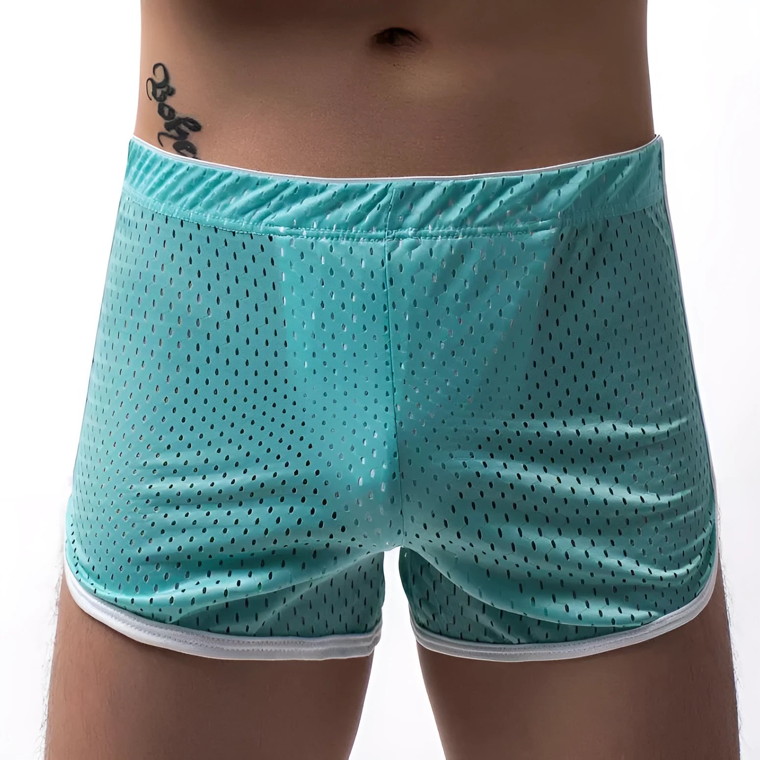 Men's three-point boxers in black, gray, and blue showing breathable knitted cotton nylon fabric and mid-waist fit.