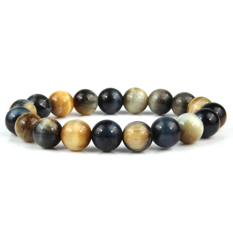 Unisex tigereye crystal bead bracelet with round geometric beads, shown in a dark blue variant.