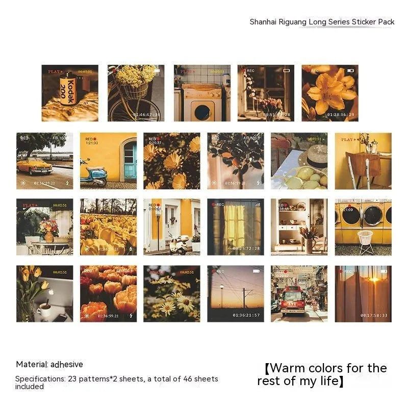 Box of Nordic style decorative stickers showing floral and scenic designs, 46 sheets total, each 44mm square.