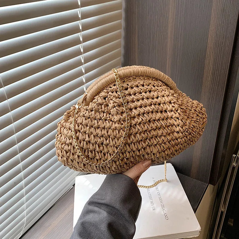 Women's straw beach shoulder bag with leather-look trim in khaki colour