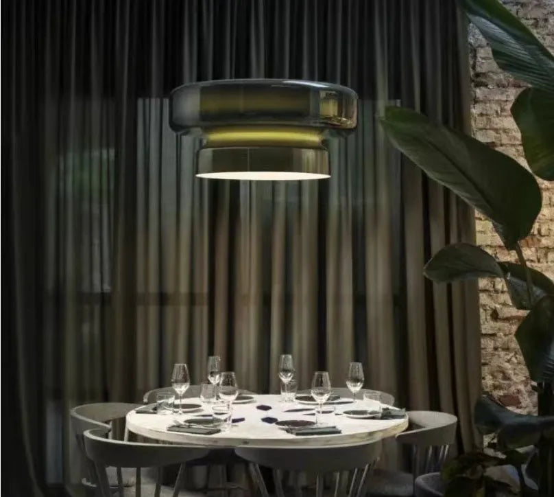Modern glass chandelier with minimalist design in 36cm dimensions showing light colour options