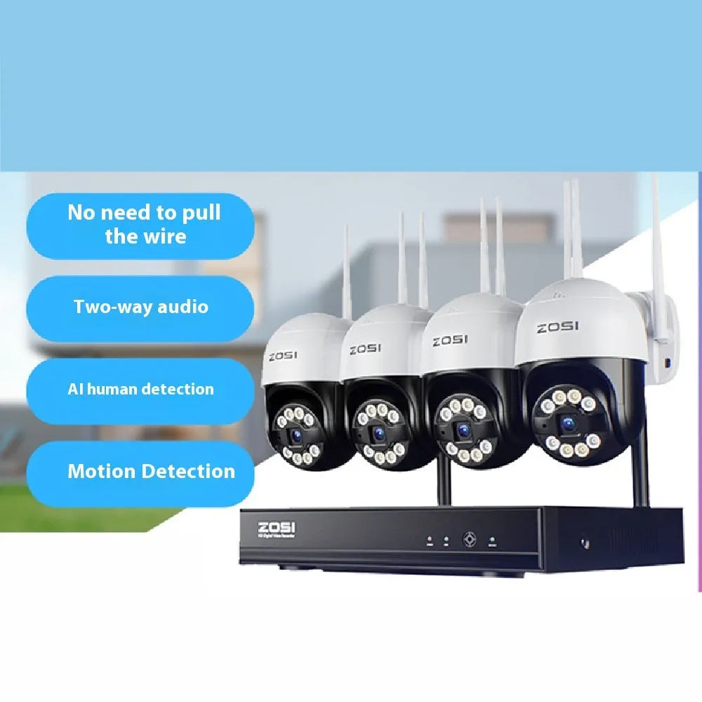 ZOSI 4-way POE security camera system with NVR and outdoor cameras for remote HD monitoring.
