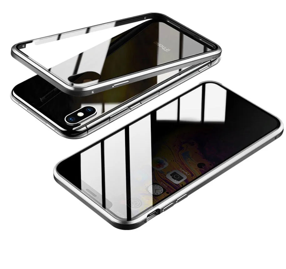 Anti-spy glass clamshell phone case in geometric design for iPhone, shown in multiple colour options