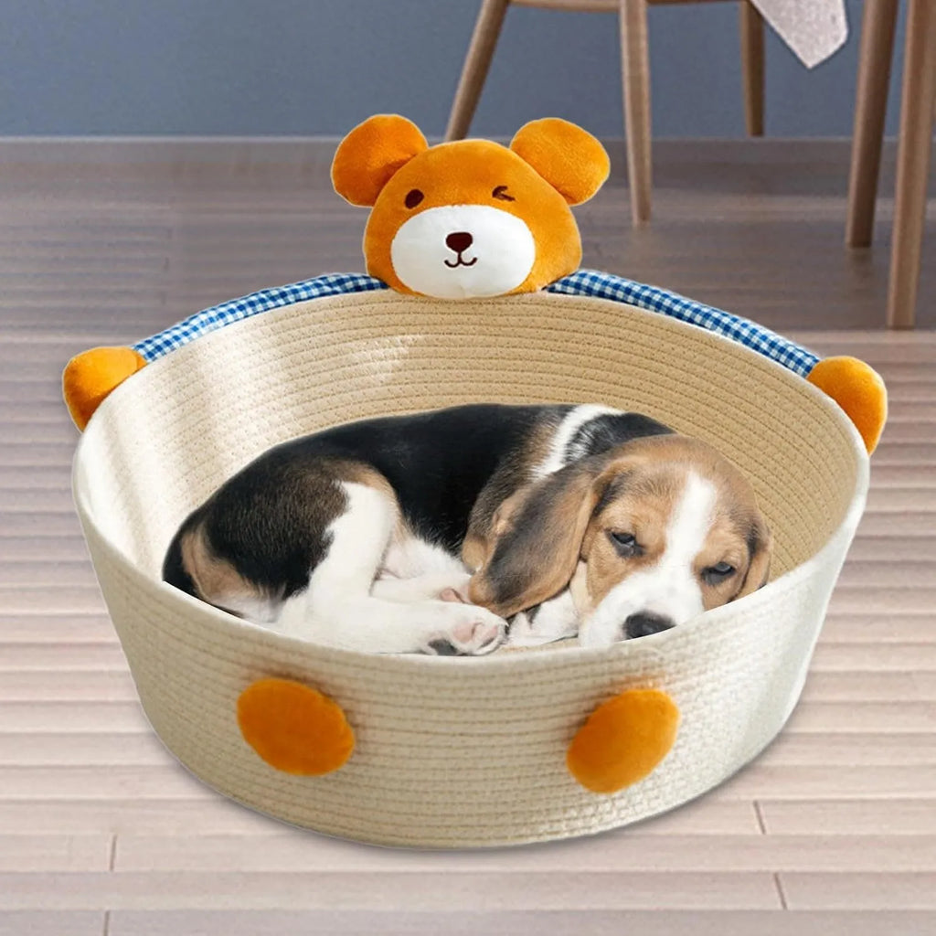 Woven cotton rope basket serving as a cat bed and scratcher in a natural colour.
