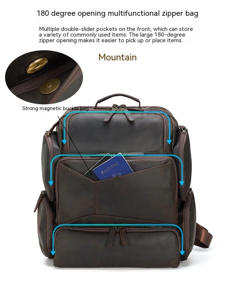 Dark brown men's genuine leather backpack for a 17-inch computer with retro crazy horse texture.