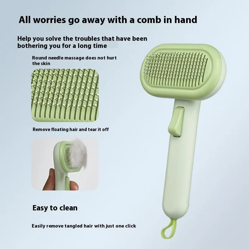 Large light grey pet hair removal comb for cats and dogs with stainless steel teeth and integrated de-matting shaver.