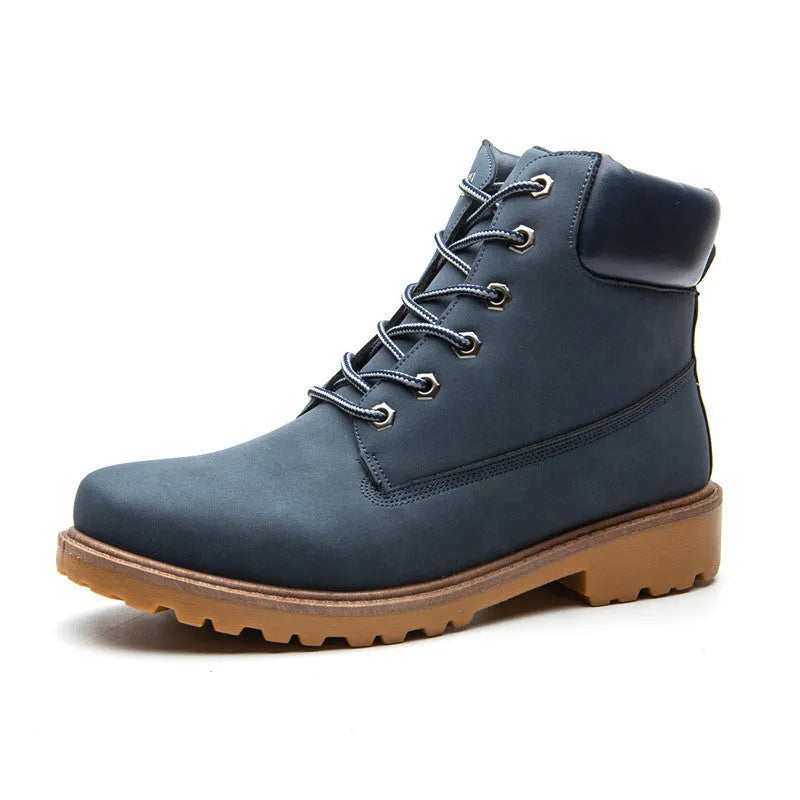 Men's pink Martin boots with velvet lining showing round toe and lace-up front design