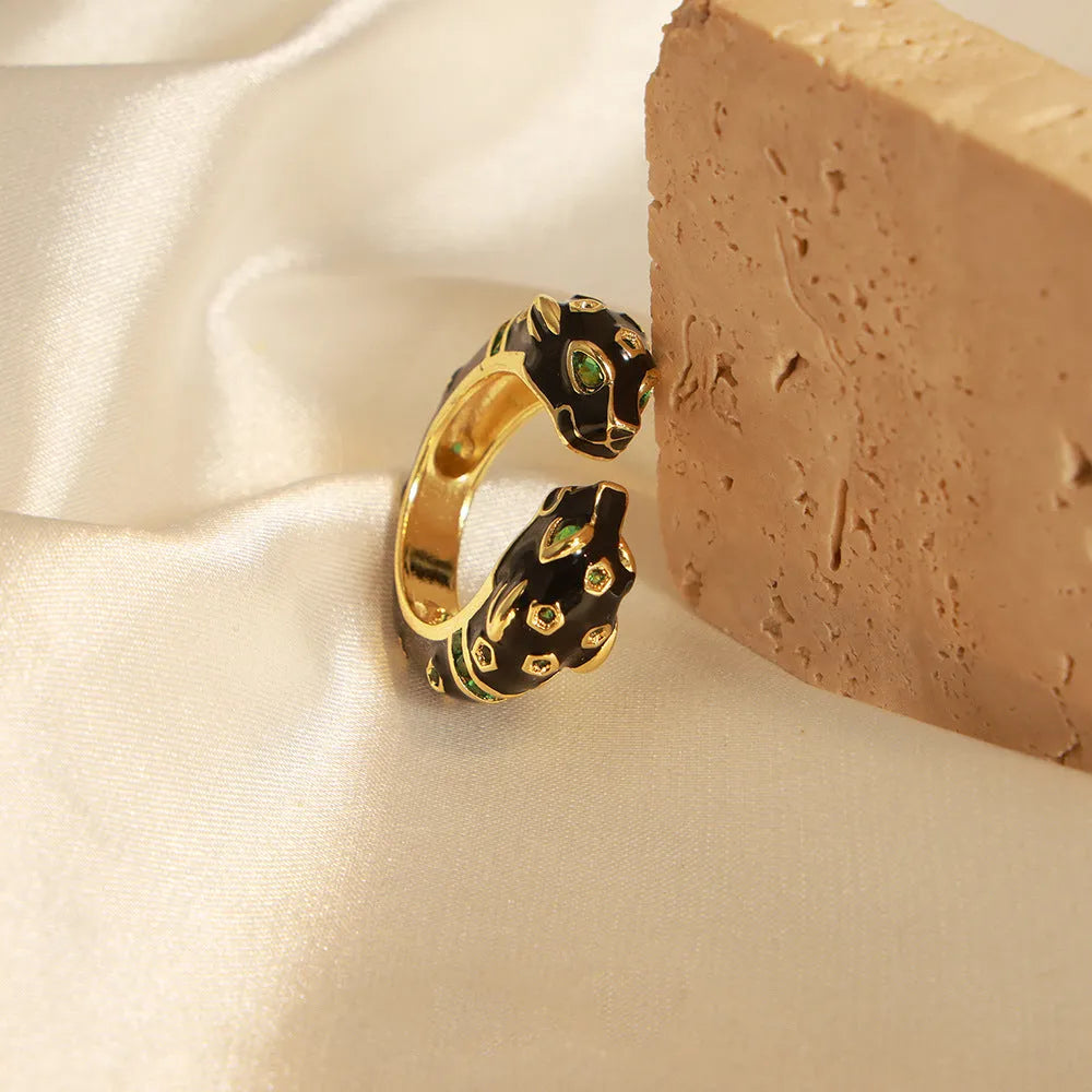 Black cheetah design geometric open ring for women, size 7, made from copper.