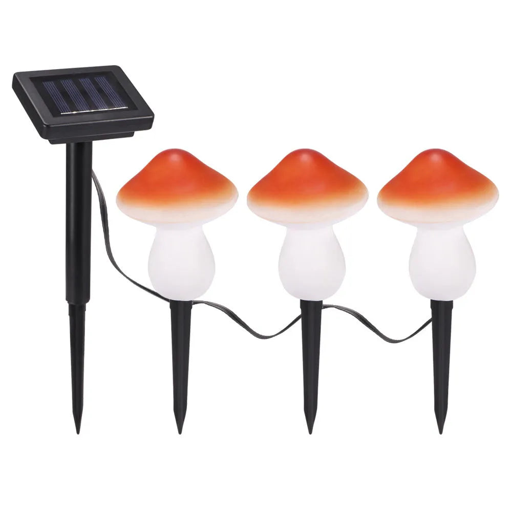 Solar courtyard landscape light set with red multicolour mushroom lamp, black plastic, IP44, LED, solar panel with cord