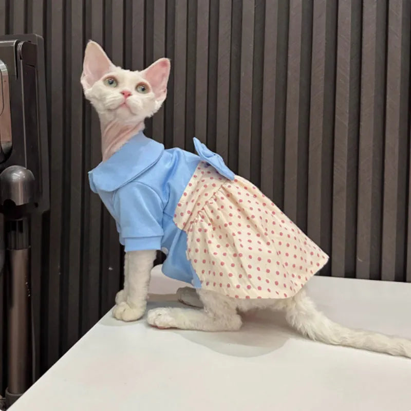 Hairless cat wearing a polka dot cotton blend bow skirt, available in sizes XS to XXXL for cats 0.75kg to 6.75kg
