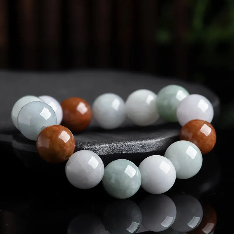 Women's natural Myanmar jade bracelet with 13mm three-colour round beads in national style