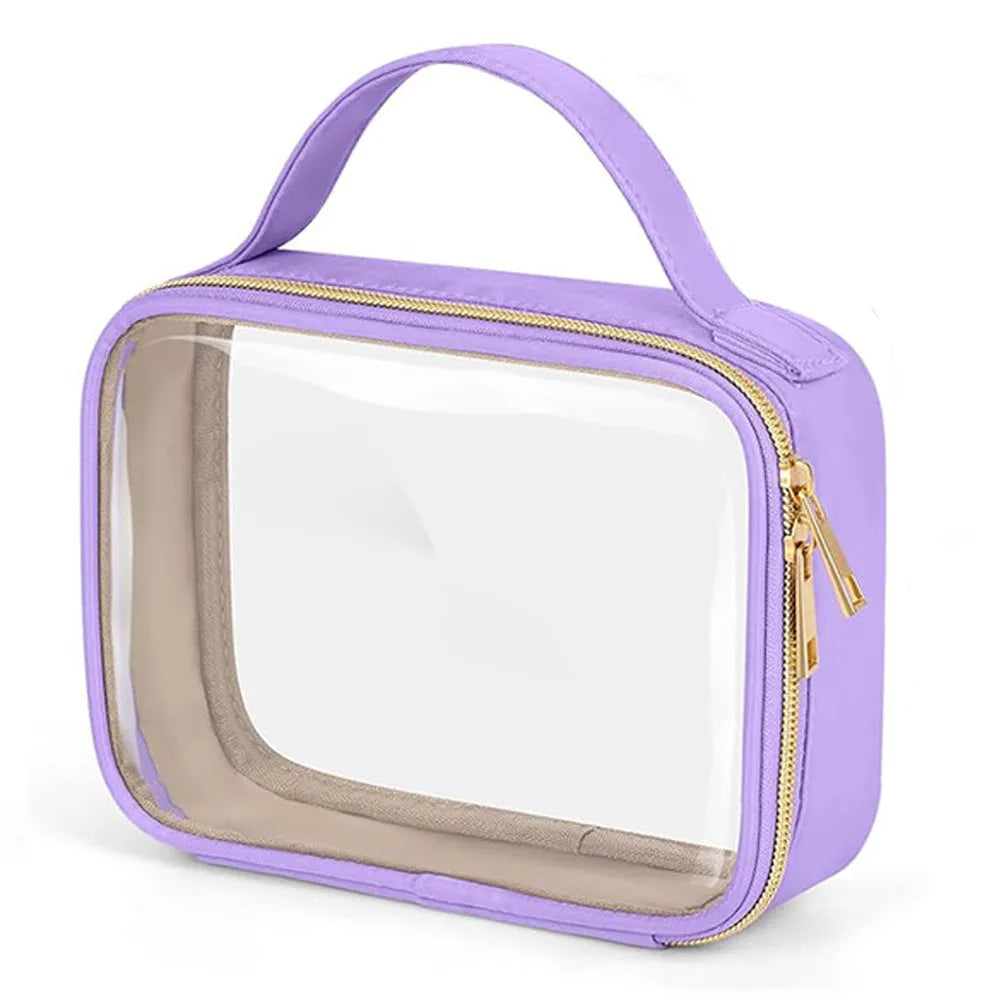 Transparent PVC cosmetics wash bag with chain in multiple colour options on a white background.