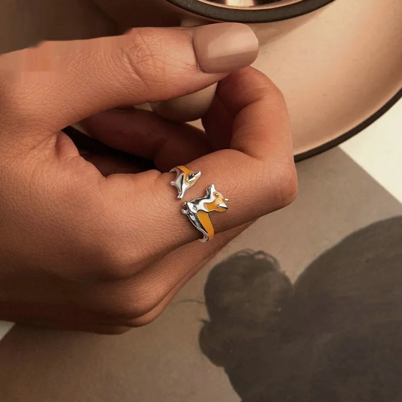 Silver ring with detailed cartoon corgi design in electroplated SCR1014-E colour for women