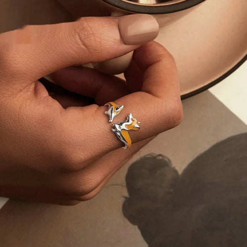 Silver ring with detailed cartoon corgi design in electroplated SCR1014-E colour for women