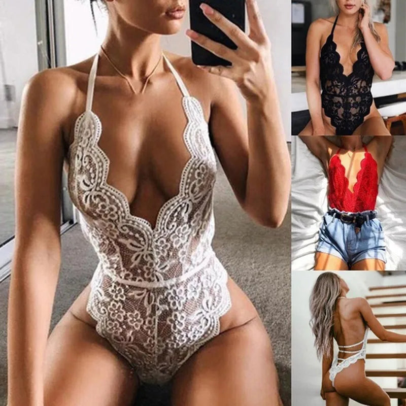 Lace onesie with spandex blend in a cute girl style, available in black