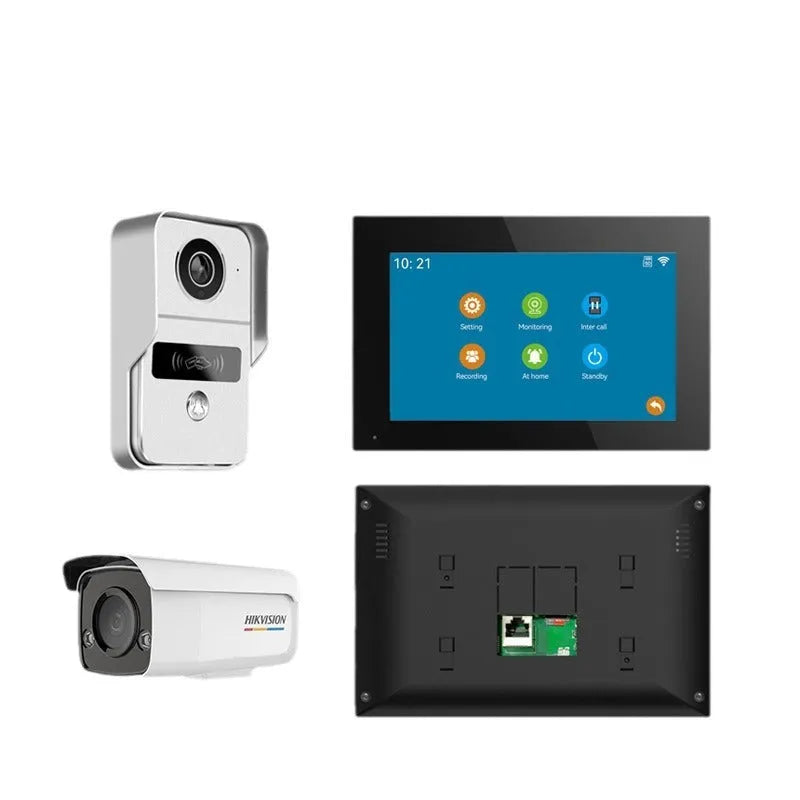1080P video intercom doorbell system with outdoor unit and 10-inch indoor display monitor.