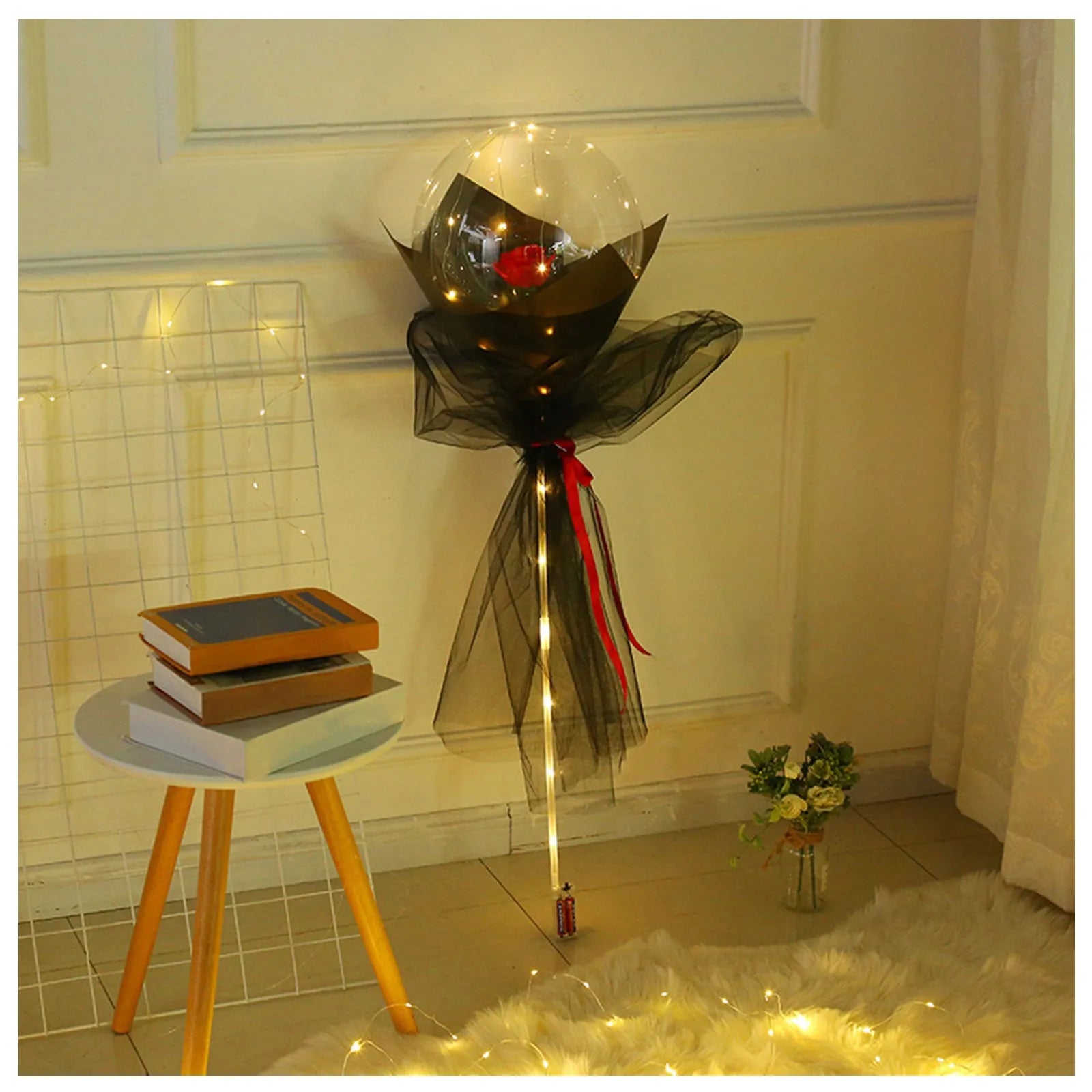 Transparent round LED luminous balloon rose bouquet with artificial flower and lights for DIY assembly