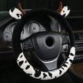 Short plush car steering wheel cover with protective handle in black colour showing 38cm diameter measurement
