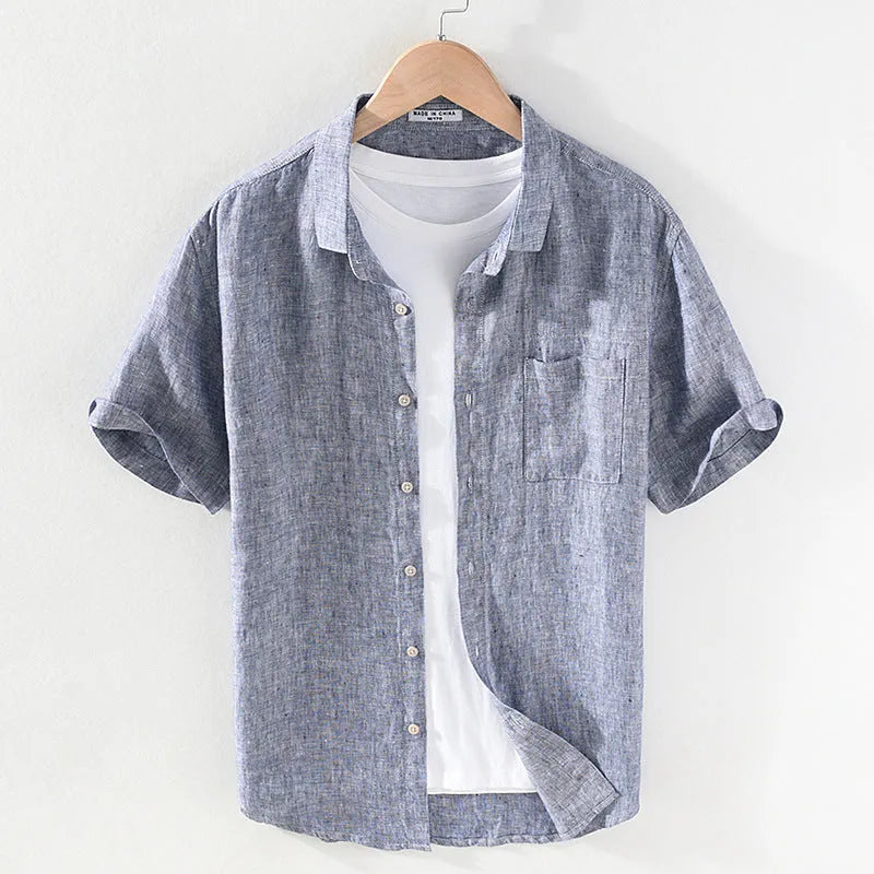 Men's raw jute coloured linen short sleeve shirt with square collar and button front.