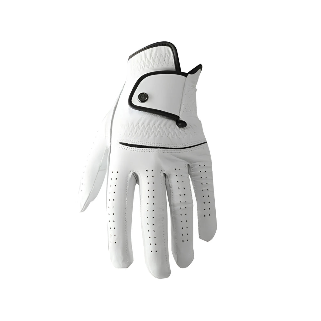 Men's white half sheepskin golf gloves showing palm grip detail and size tags