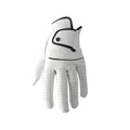 Men's white half sheepskin golf gloves showing palm grip detail and size tags
