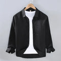 Men's linen shirt in solid colour with cardigan styling and long sleeves