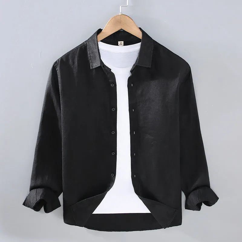 Men's linen shirt in solid colour with cardigan styling and long sleeves