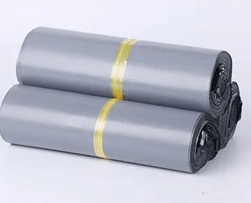 Black, grey, green, and white PE courier bags with adhesive sticker seals in various sizes.