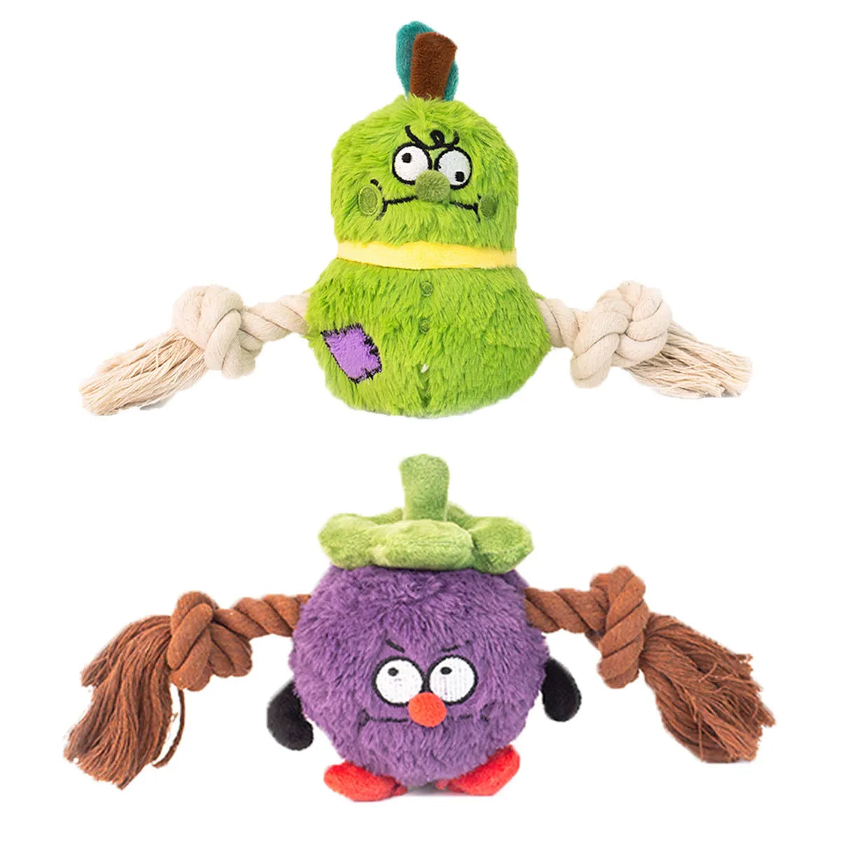 Green and purple interactive dog toy with plush rope knot design and molar tooth texture for tug-of-war games