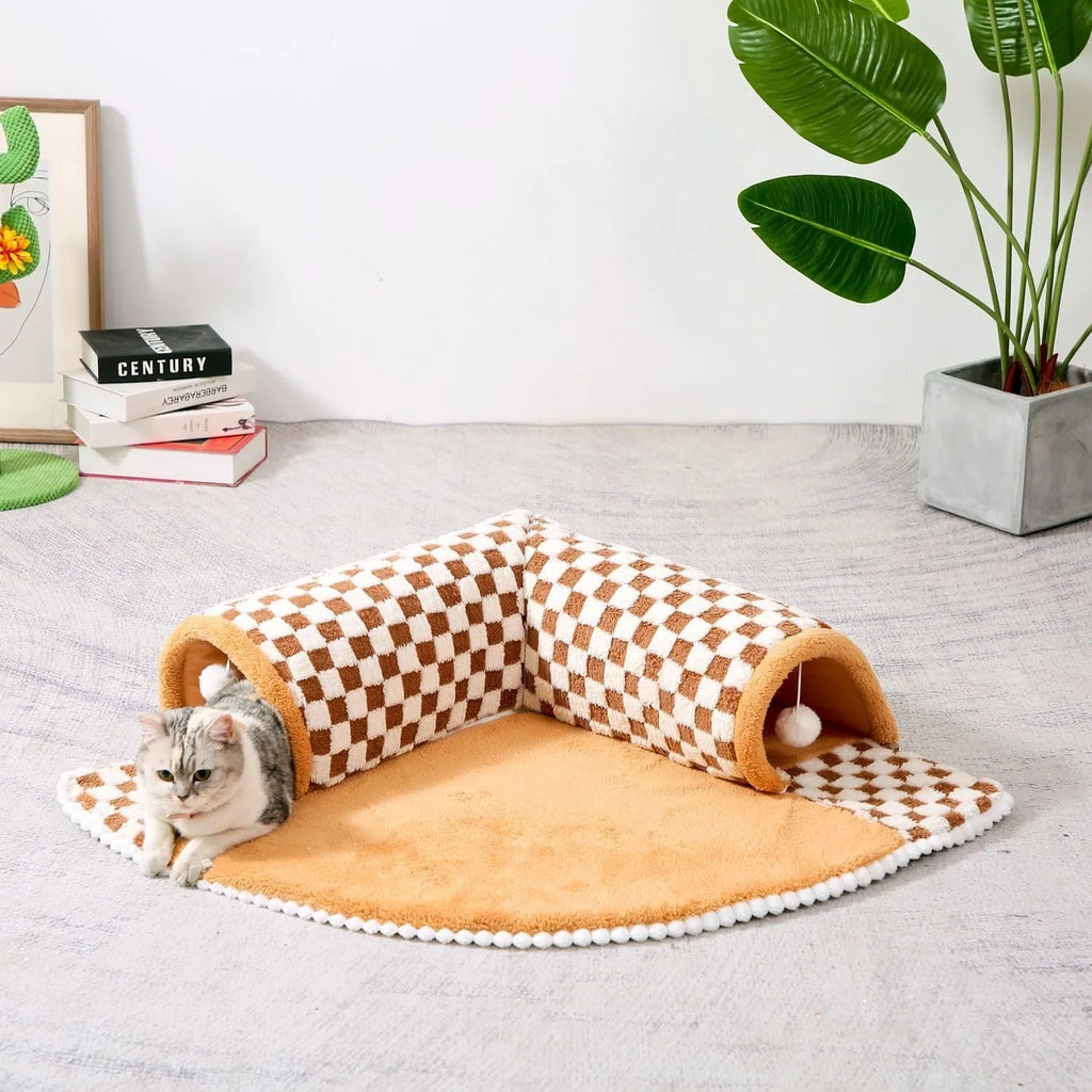 XL fan-shaped plush pet bed with integrated tunnel in coffee colour with plaid pattern
