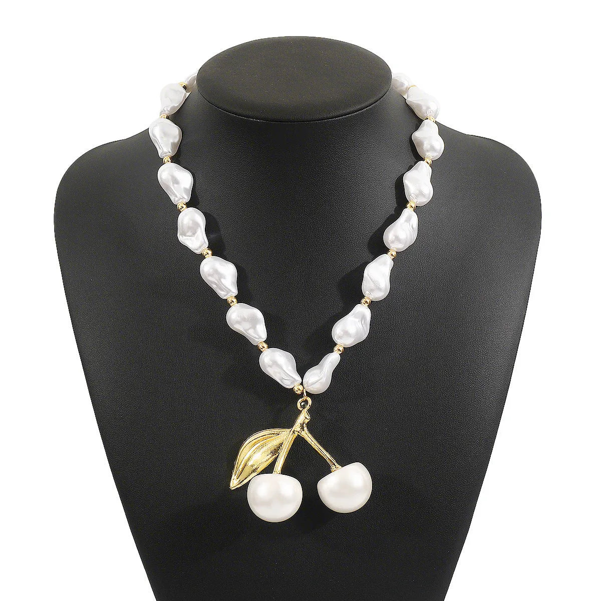 Women's geometric cherry fruit pendant necklace with pearl chain in gold or white K electroplated finish