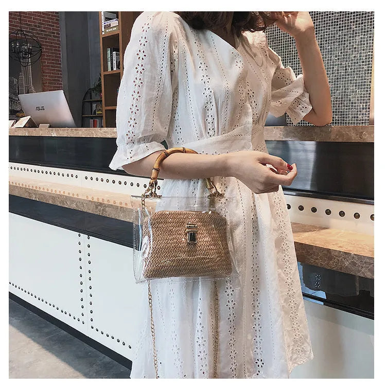 Bamboo knot woven women's shoulder bag in khaki with chain accent and hasp closure on white background