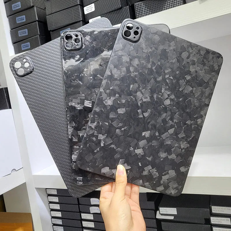 Carbon fibre hard protective cover for Apple iPad Pro 11 showing textured plaid pattern.