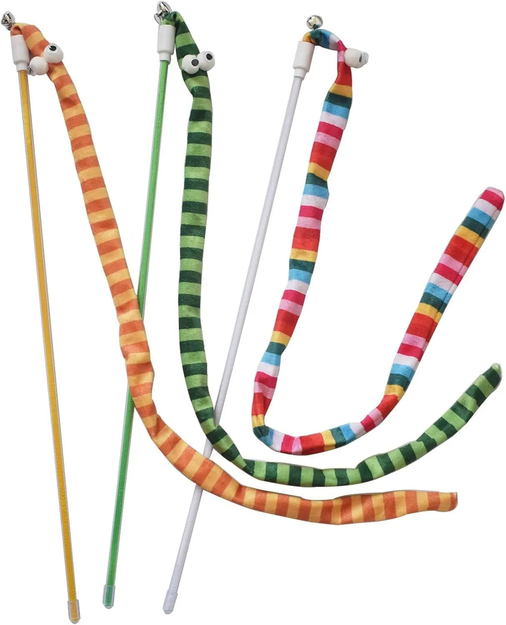 Colourful cat teaser wand with a long plush strip and a bell, held by a person.