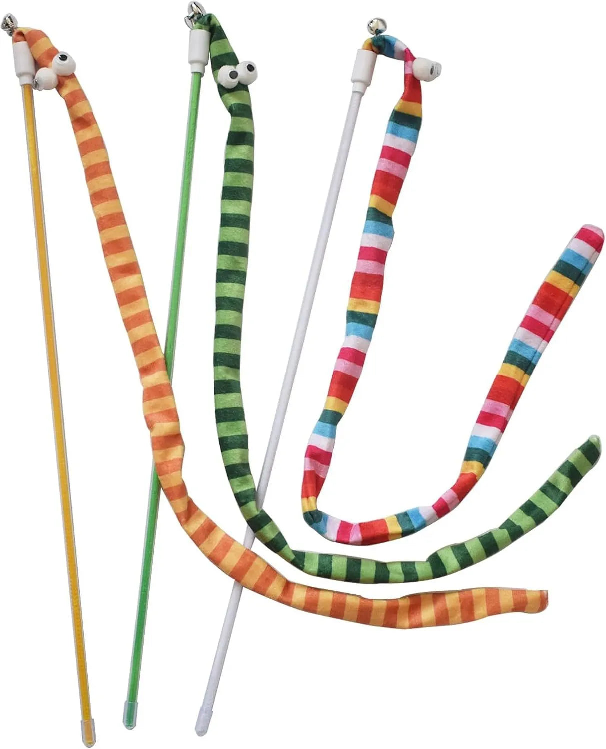 Colourful cat teaser wand with a long plush strip and a bell, held by a person.